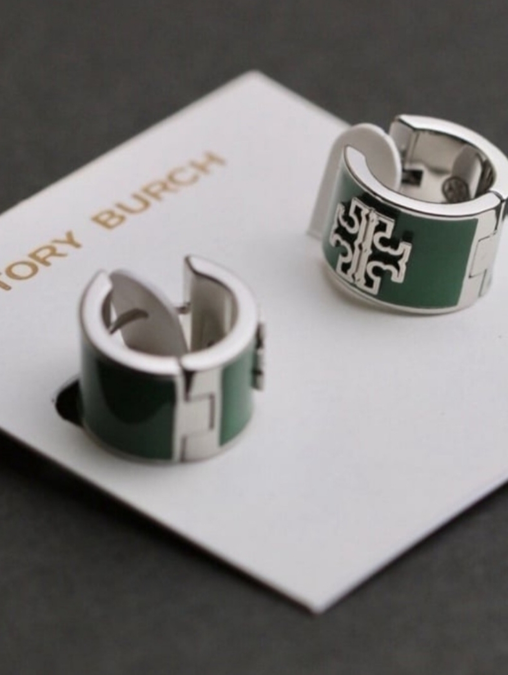 Tory Burch Green Enamel Logo Hoop Earrings
